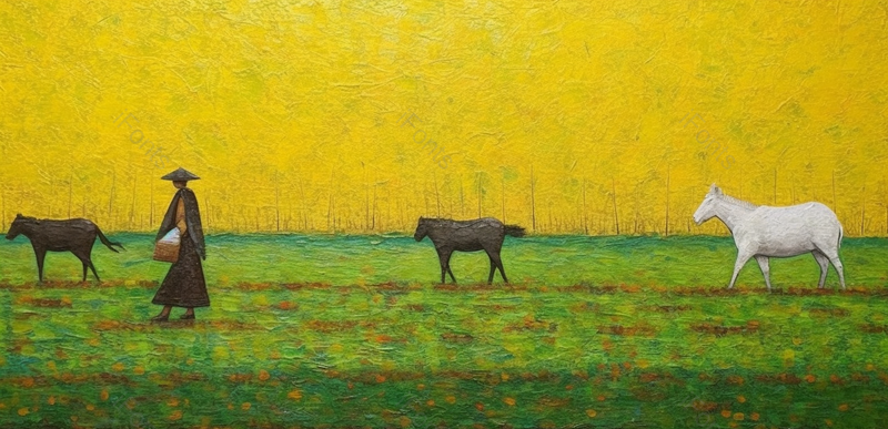 乡村风景画秋季时分一片金黄色的田野草地上有人在放牧放马,插画/手绘图,插画/手绘图库,插画/手绘图下载,插画/手绘